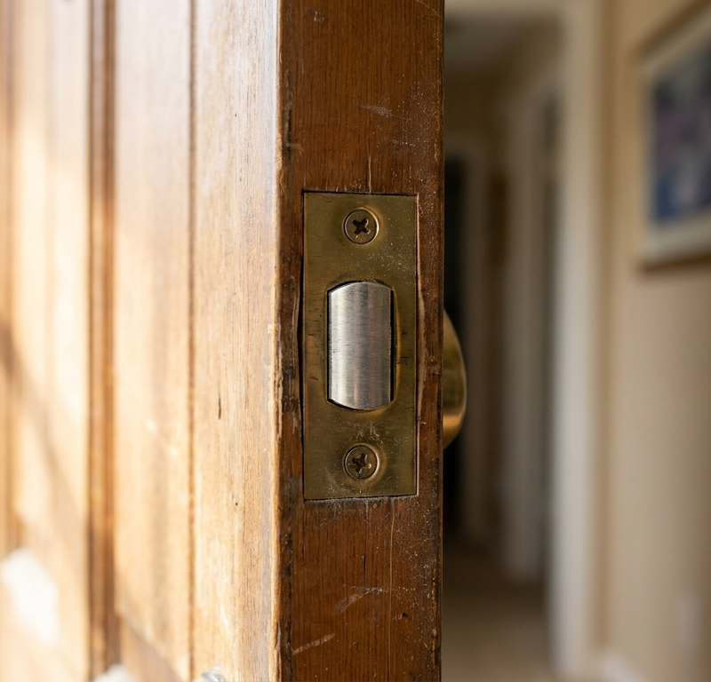 Close-up of a stuck interior door latch flush inside the door edge plate