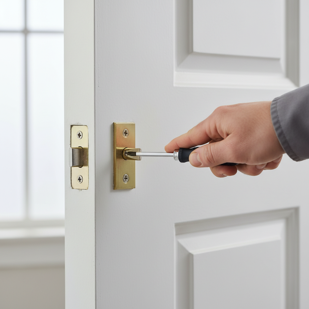 Homeowner adjusting a door strike plate with a screwdriver to fix a door that won't latch.