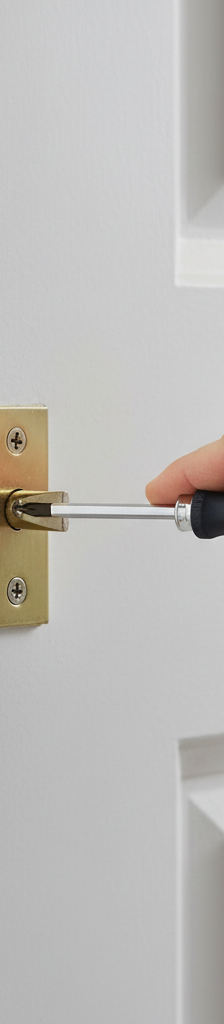 Homeowner adjusting a door strike plate with a screwdriver to fix a door that won't latch.