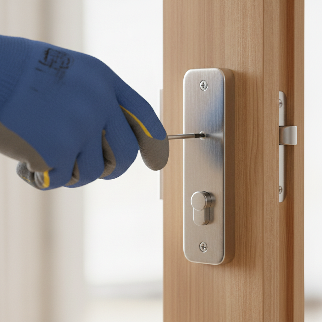 Homeowner tightening door lock screws with a screwdriver to fix a sticky lock.