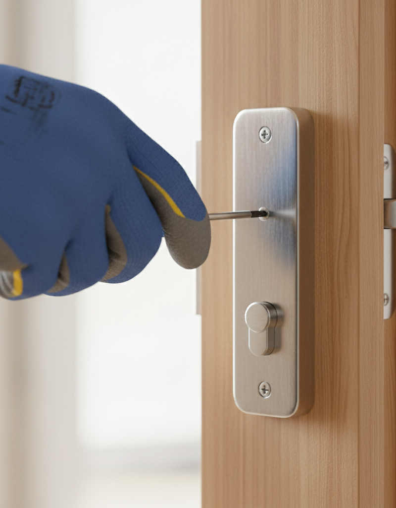 Homeowner tightening door lock screws with a screwdriver to fix a sticky lock.