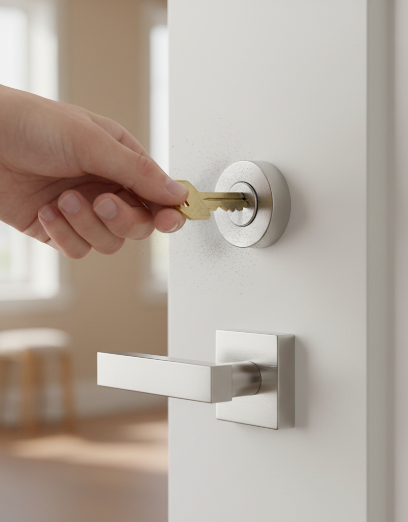 Hand applying graphite lubricant to a sticky door lock keyway with a key inserted