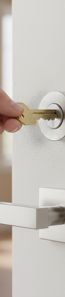 Hand applying graphite lubricant to a sticky door lock keyway with a key inserted
