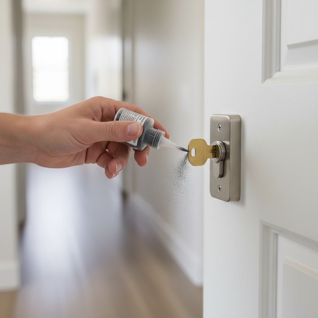 Homeowner applying graphite lubricant to a sticky door lock keyway with a key for smooth turning