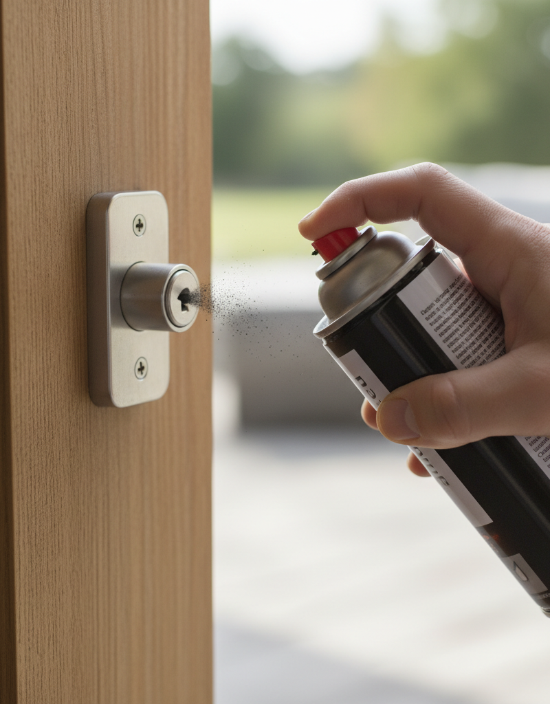 Homeowner applying graphite lubricant to a stiff door lock keyway on a wooden door.