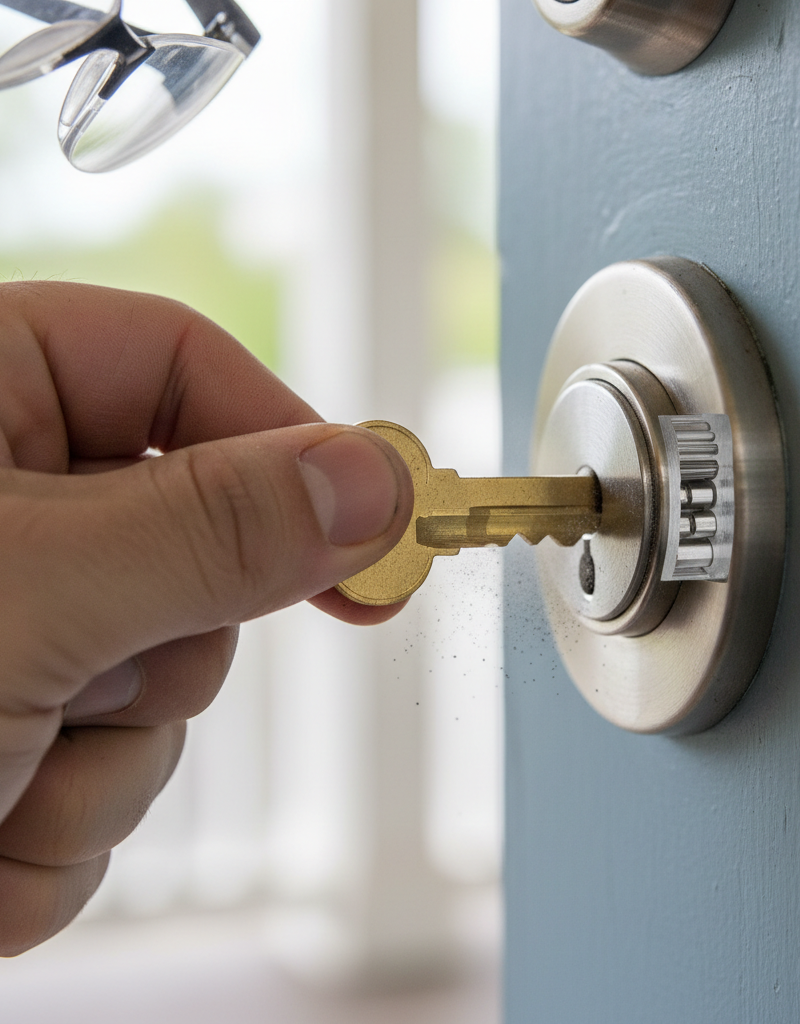 Hand using a key in a residential door lock, with graphite lubricant being applied.