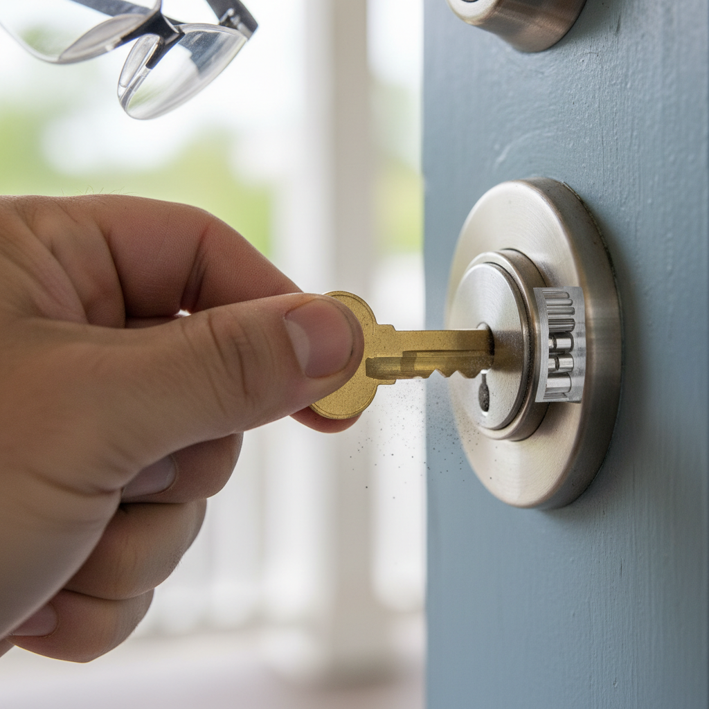 Hand using a key in a residential door lock, with graphite lubricant being applied.