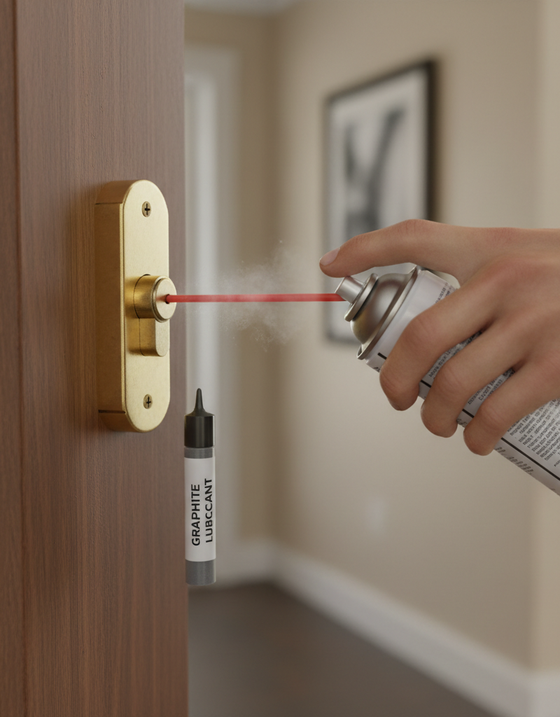 Homeowner cleaning a door lock with compressed air and graphite lubricant to fix stiffness.