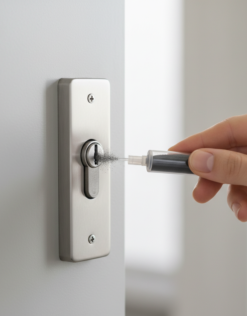 A hand inserting a graphite lubricant into a stiff door lock's keyhole.