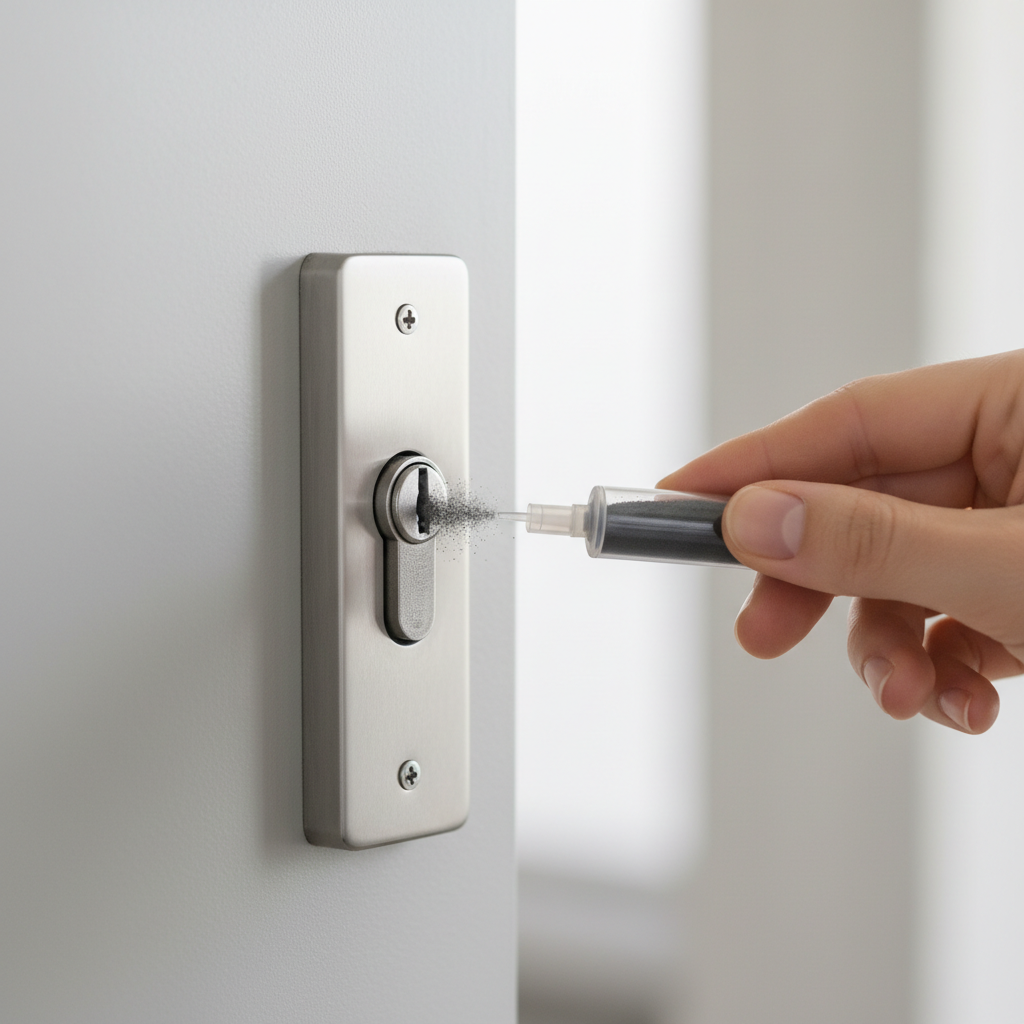 A hand inserting a graphite lubricant into a stiff door lock's keyhole.
