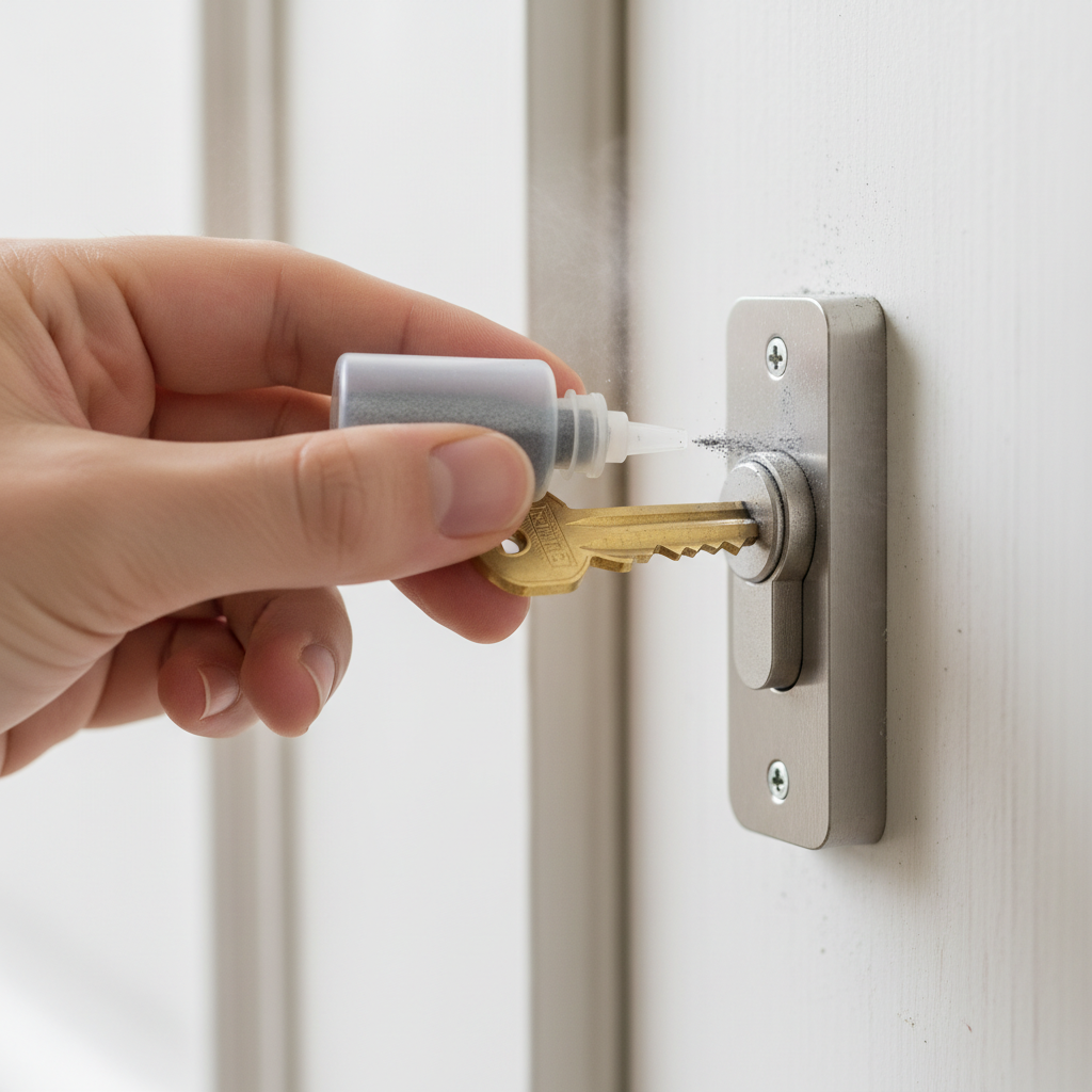 Hand applying graphite lubricant to a door lock keyway with a key partially inserted.