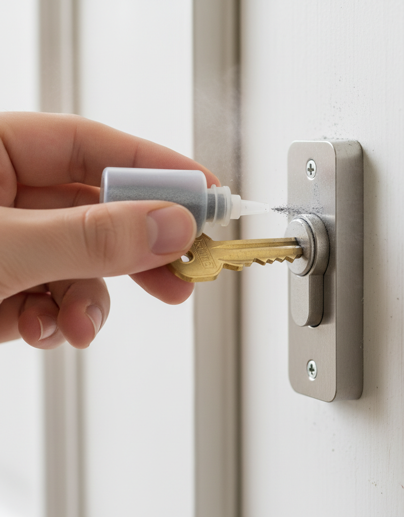 Hand applying graphite lubricant to a door lock keyway with a key partially inserted.