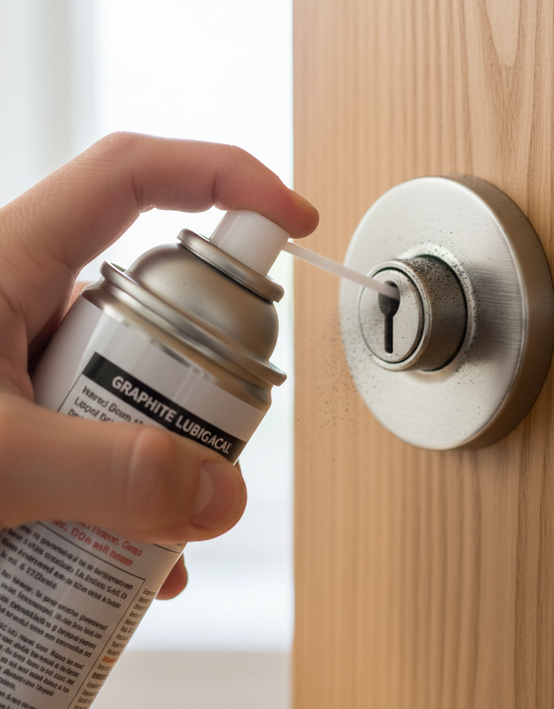 Homeowner applying graphite lubricant to a door lock keyway to fix a stiff lock.