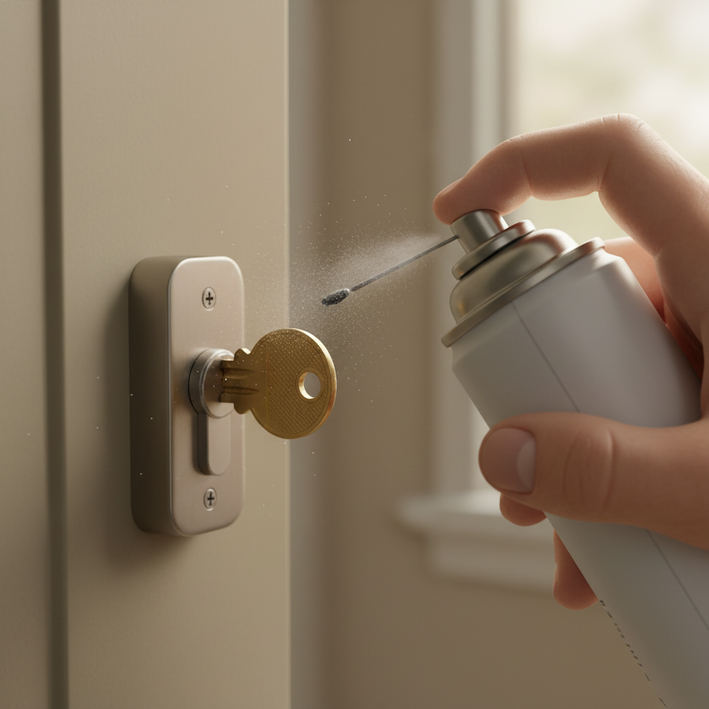 Hand applying graphite lubricant into an old door lock cylinder with a key, fixing stiffness.