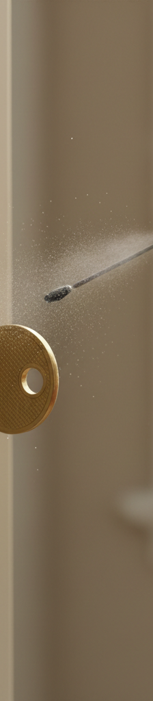 Hand applying graphite lubricant into an old door lock cylinder with a key, fixing stiffness.