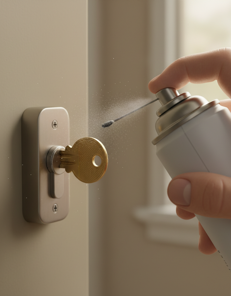 Hand applying graphite lubricant into an old door lock cylinder with a key, fixing stiffness.