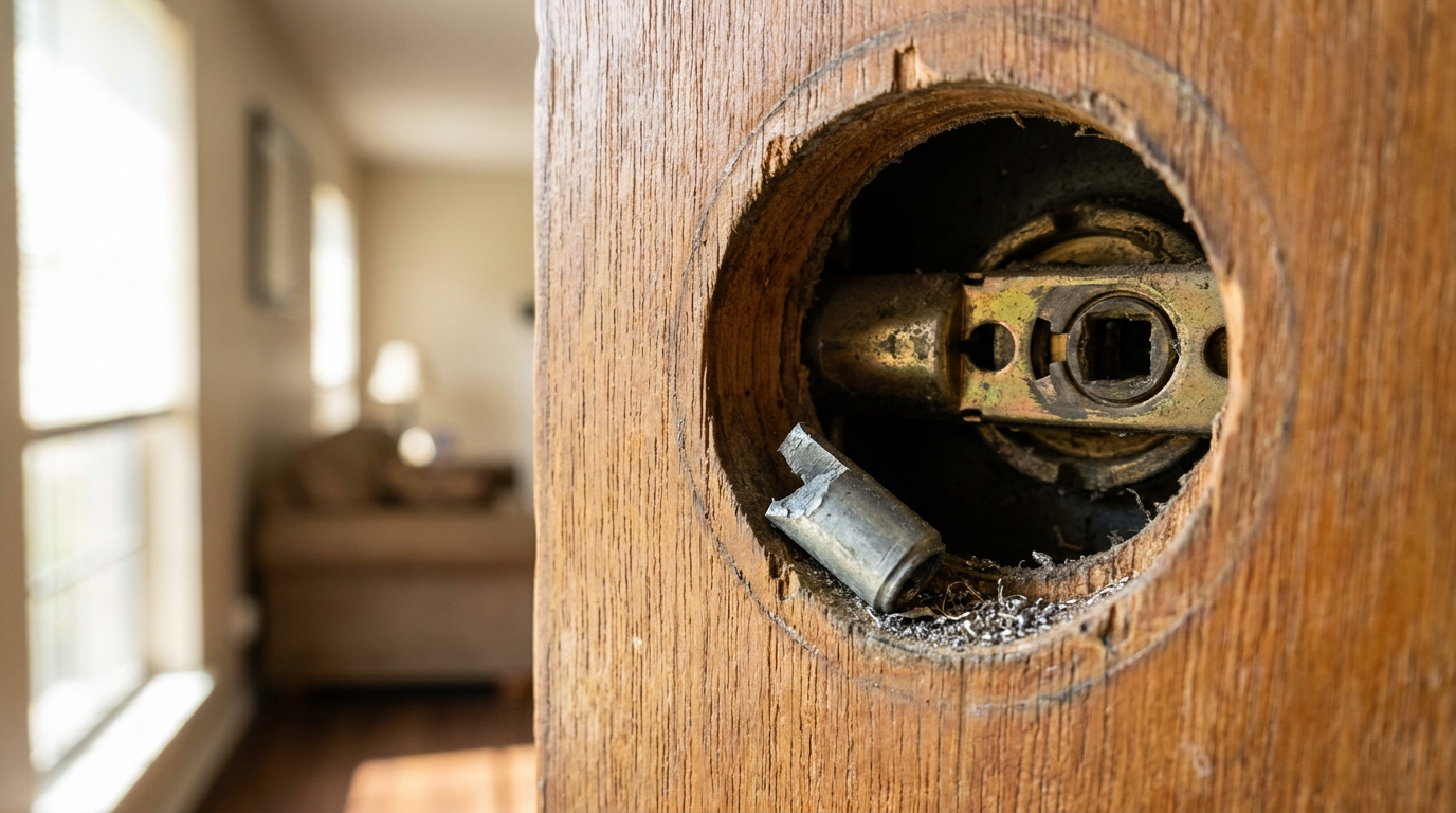 A disassembled door lock showing a sheared metal tailpiece and open deadbolt mechanism on a door frame