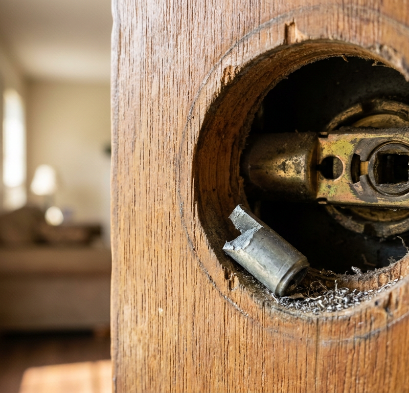 A disassembled door lock showing a sheared metal tailpiece and open deadbolt mechanism on a door frame