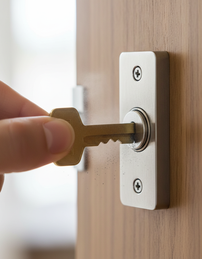 Homeowner applying graphite lubricant to a sticky door lock with a key inserted, demonstrating a common lock repair.