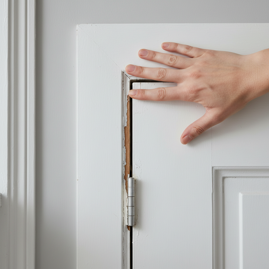Close-up of a white painted door trim with a vertical split, illustrating common door trim damage.