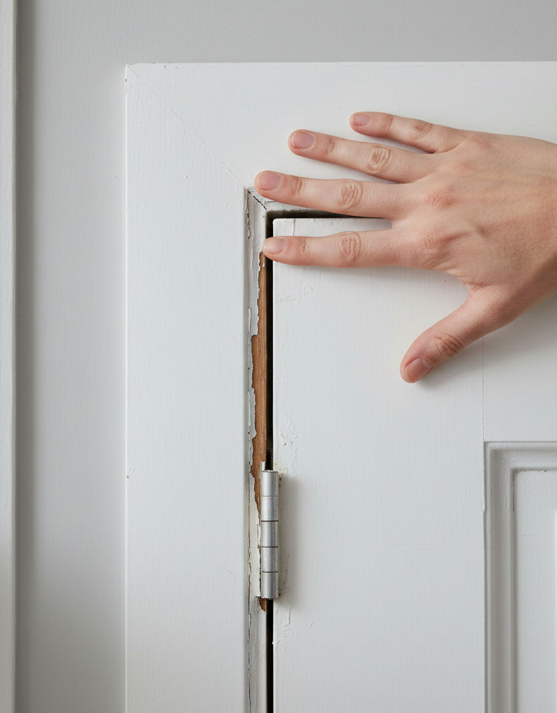 Close-up of a white painted door trim with a vertical split, illustrating common door trim damage.