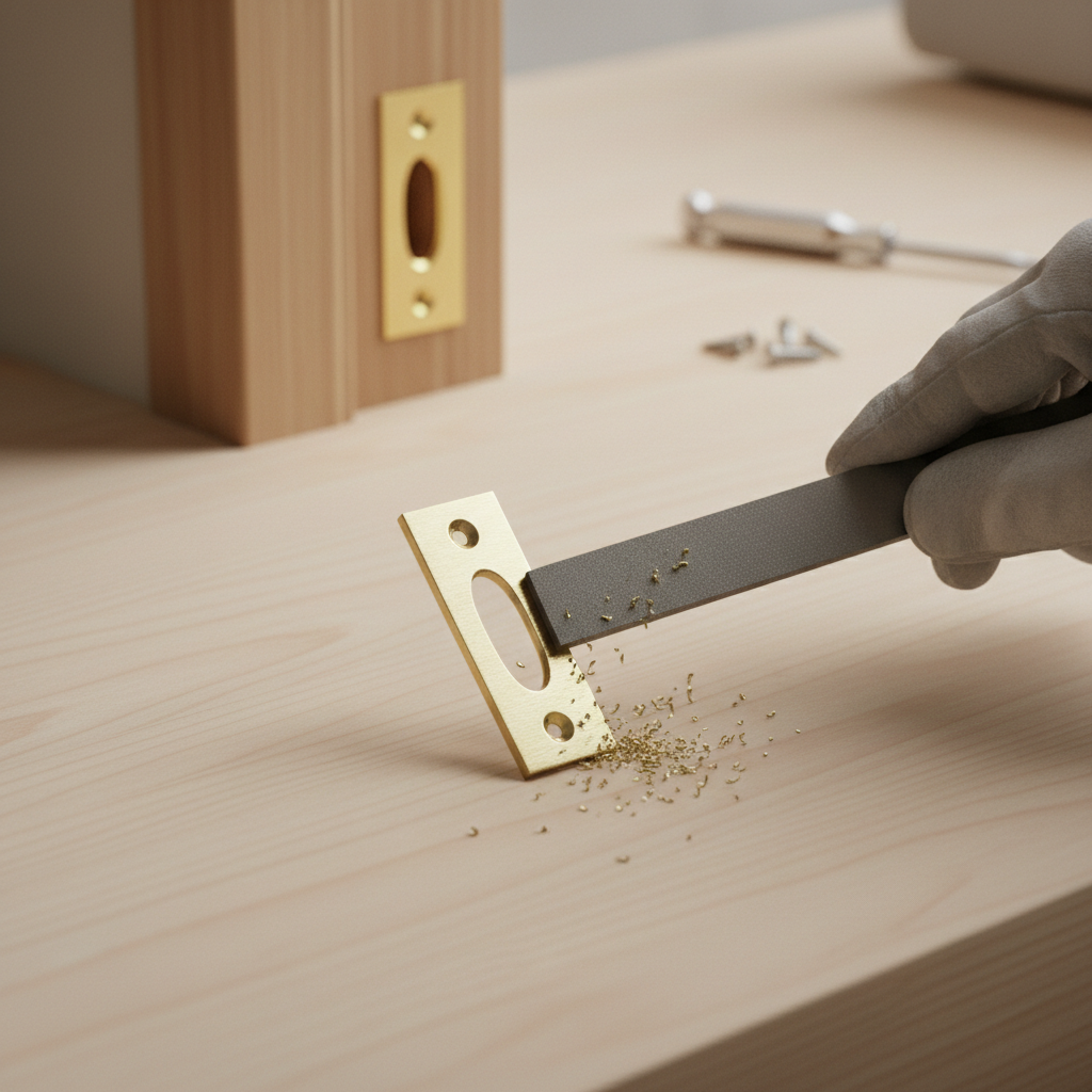 Homeowner filing a door strike plate to fix a door that won't latch