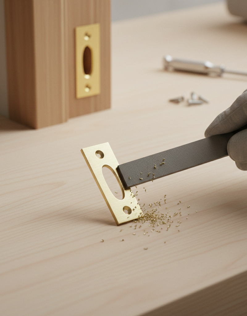 Homeowner filing a door strike plate to fix a door that won't latch