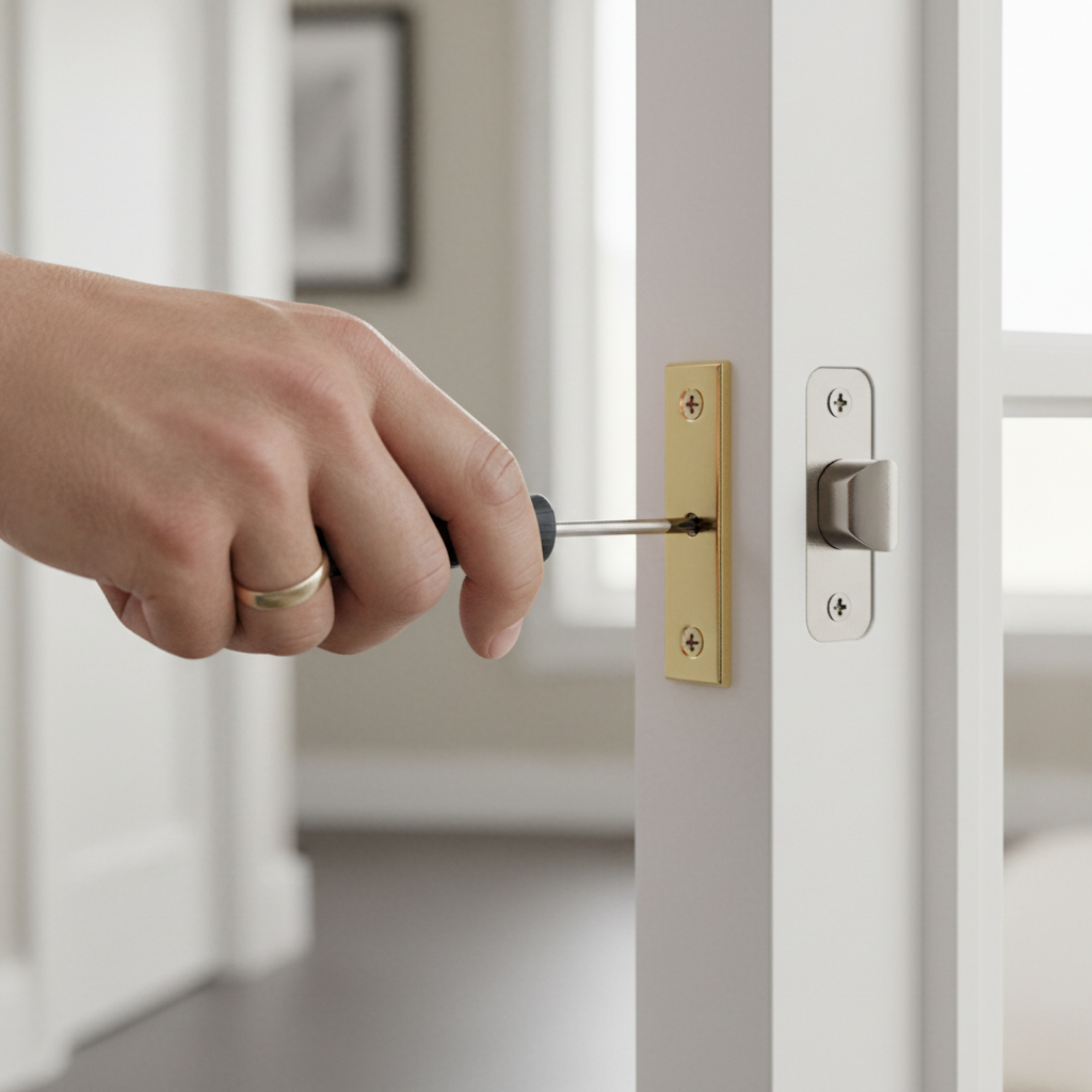 Homeowner adjusting a door strike plate with a screwdriver.