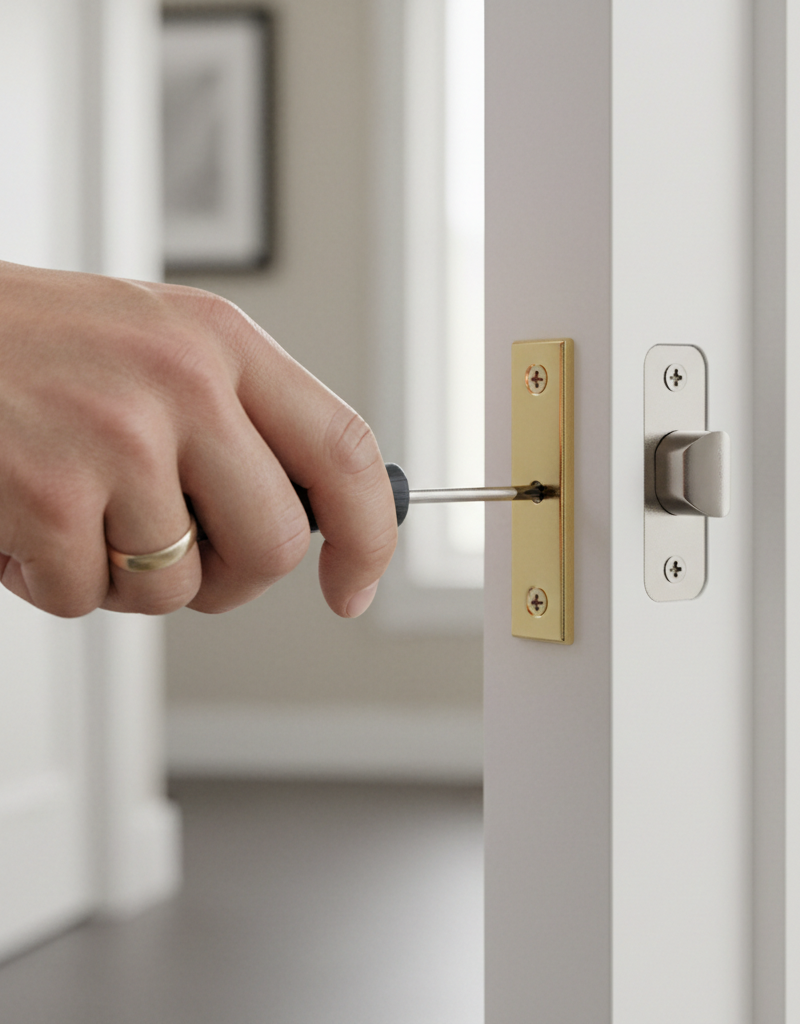 Homeowner adjusting a door strike plate with a screwdriver.