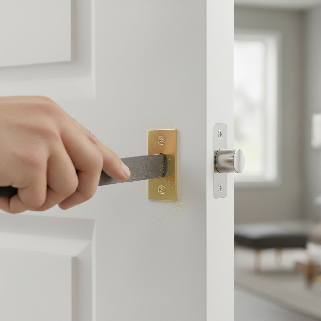 Hand filing a door strike plate opening to fix a misaligned door latch.