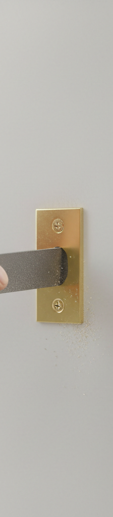 Hand filing a door strike plate opening to fix a misaligned door latch.