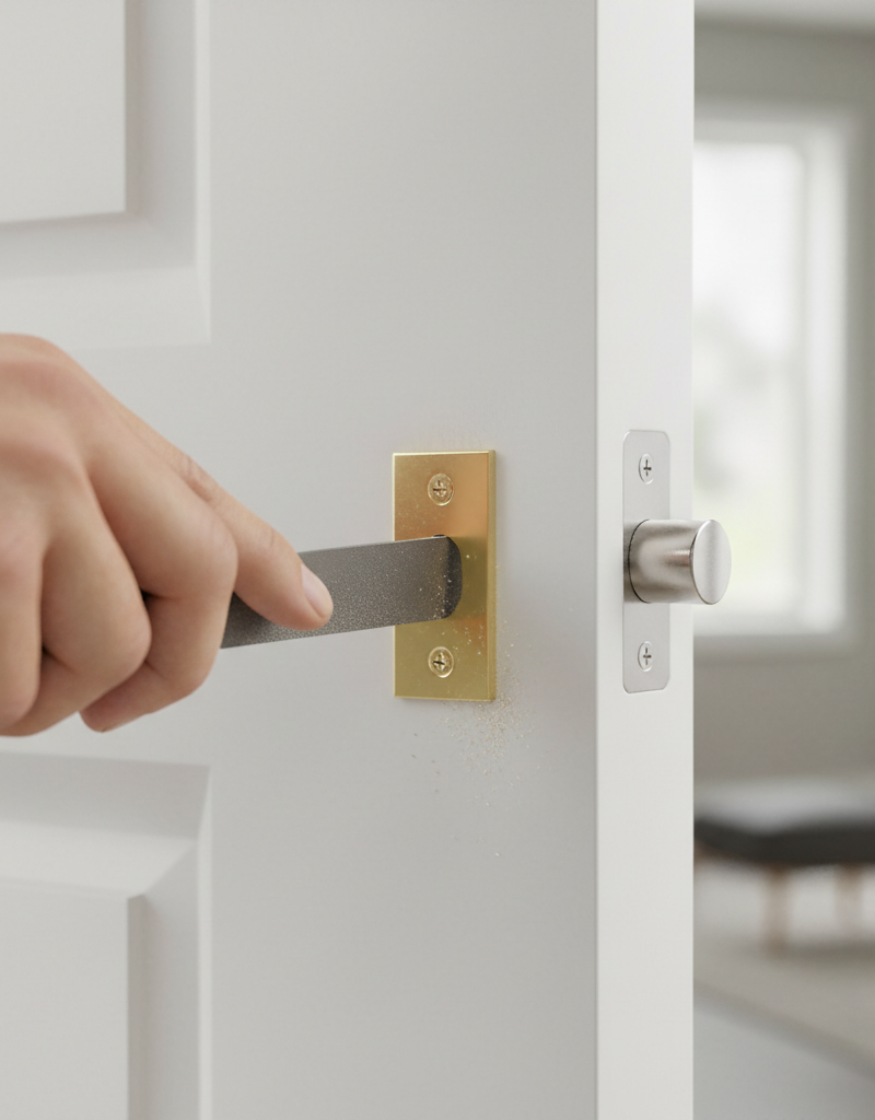 Hand filing a door strike plate opening to fix a misaligned door latch.