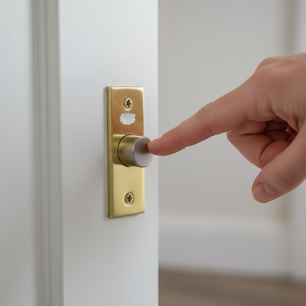 Homeowner's hand closing an interior door, showing a toothpaste mark on the strike plate to diagnose misalignment.