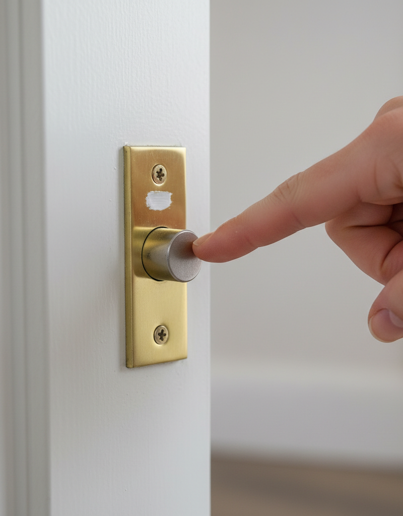 Homeowner's hand closing an interior door, showing a toothpaste mark on the strike plate to diagnose misalignment.
