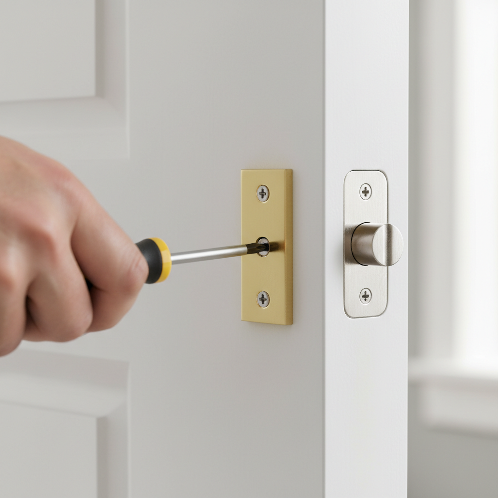 Homeowner adjusting a door's strike plate with a screwdriver to fix a non-latching door.