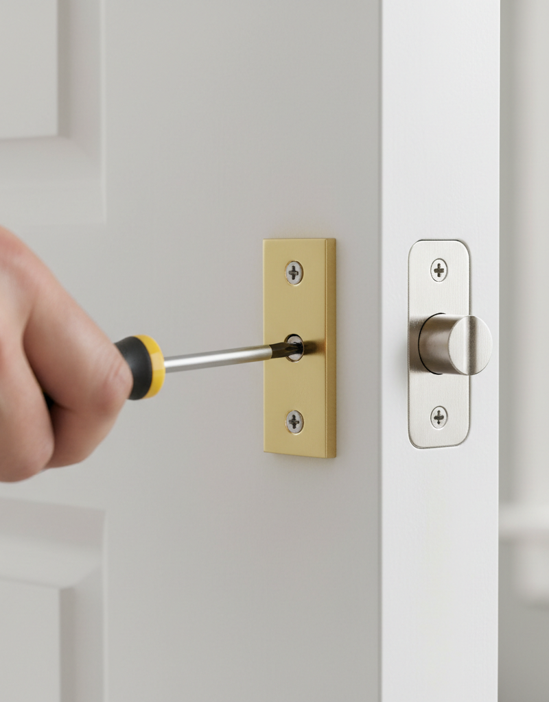 Homeowner adjusting a door's strike plate with a screwdriver to fix a non-latching door.