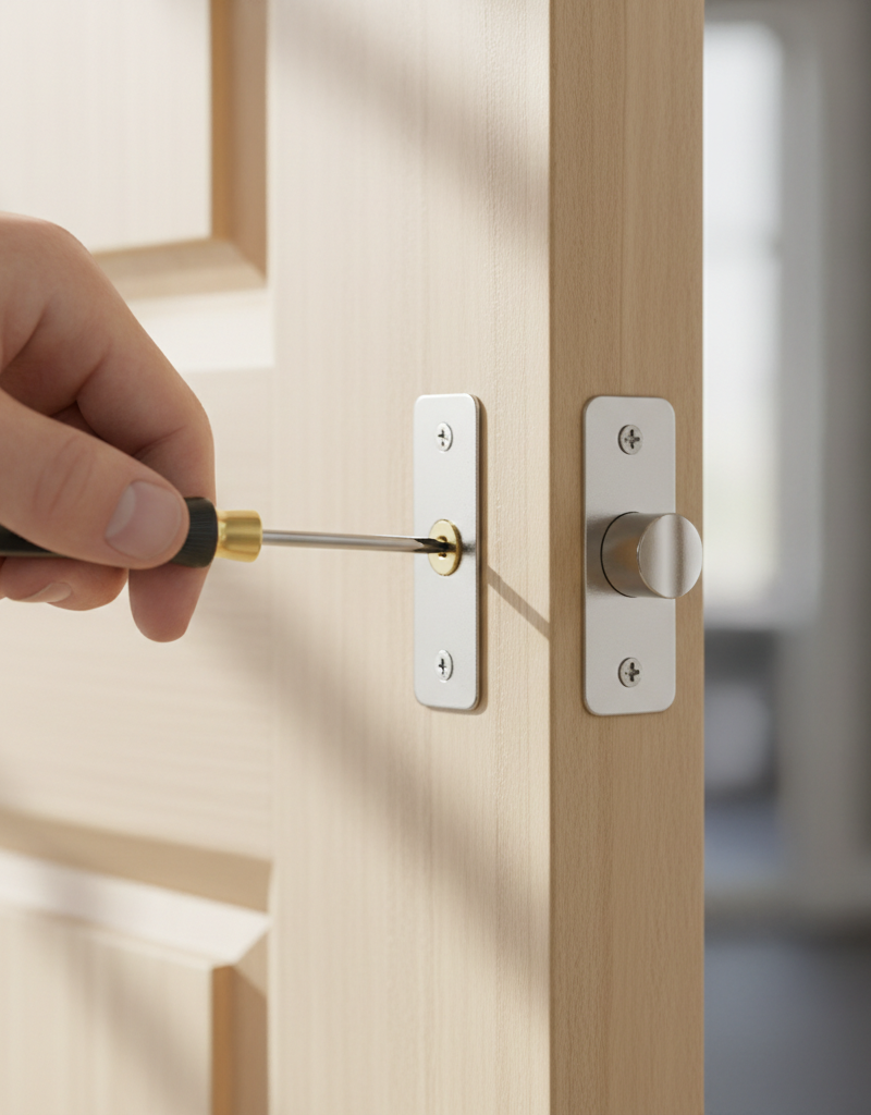 Homeowner adjusting a door strike plate with a screwdriver to fix a latching problem.
