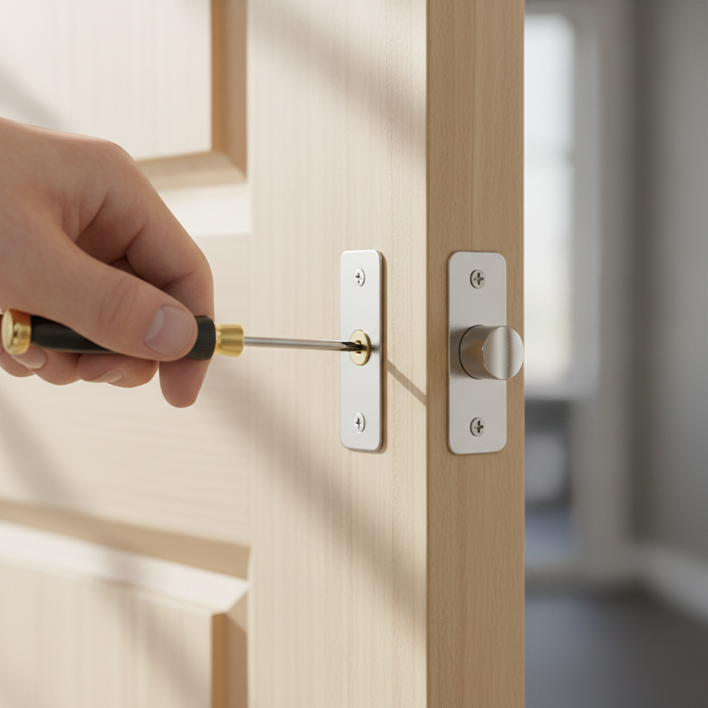 Homeowner adjusting a door strike plate with a screwdriver to fix a latching problem.