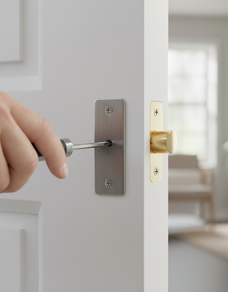 Homeowner adjusting a door strike plate with a screwdriver to fix a non-latching door.