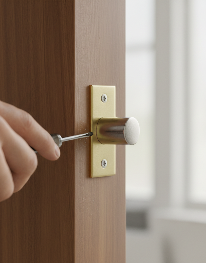 Homeowner adjusting a door strike plate with a screwdriver to fix a door that won't latch.