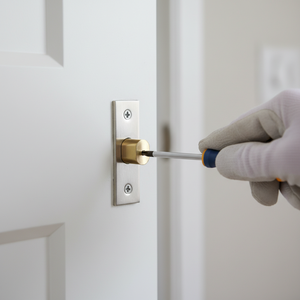 Homeowner adjusting a door strike plate with a screwdriver to fix a door that won't latch