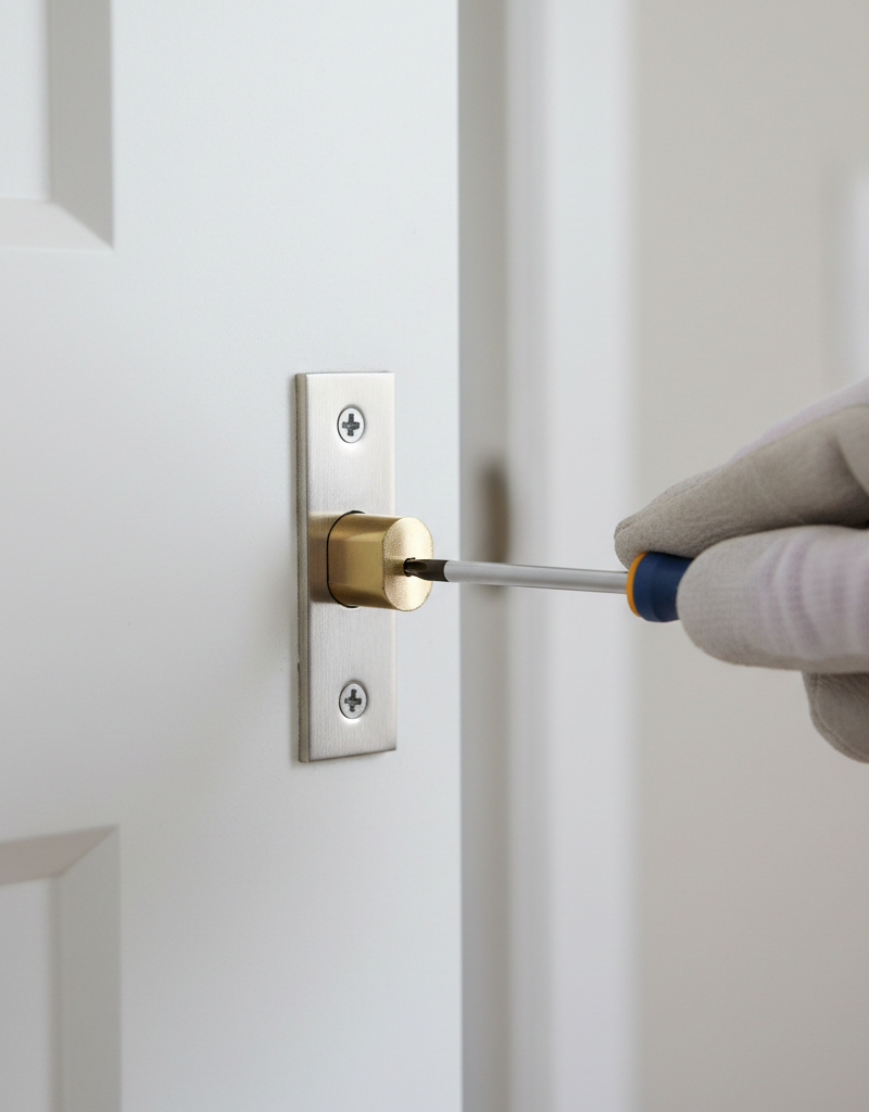 Homeowner adjusting a door strike plate with a screwdriver to fix a door that won't latch