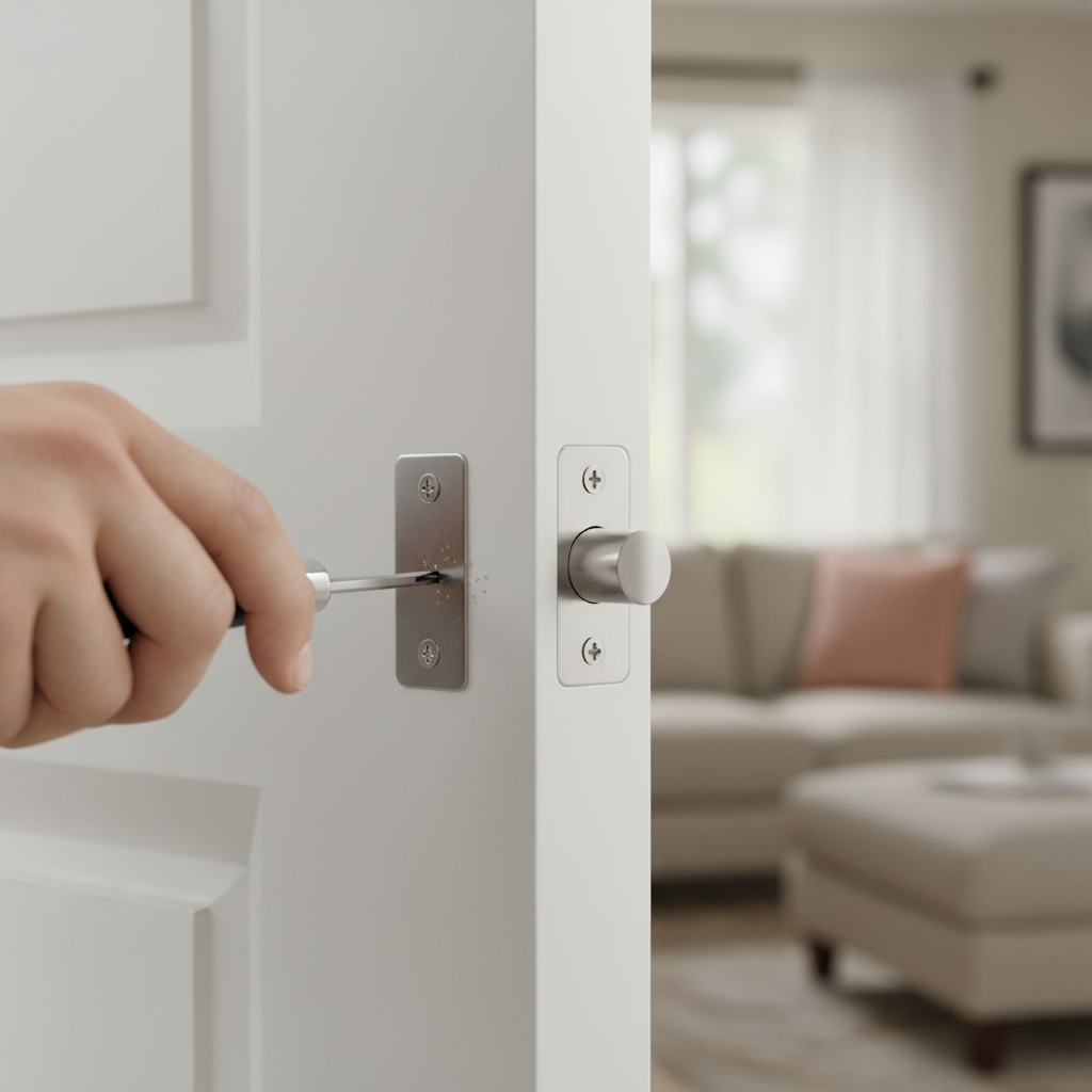 Homeowner uses a screwdriver to adjust a door's strike plate, fixing a latching issue.
