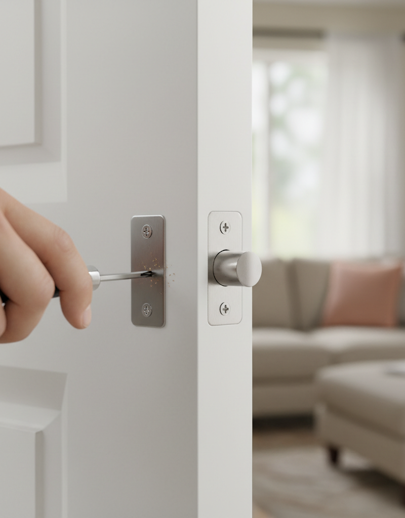 Homeowner uses a screwdriver to adjust a door's strike plate, fixing a latching issue.