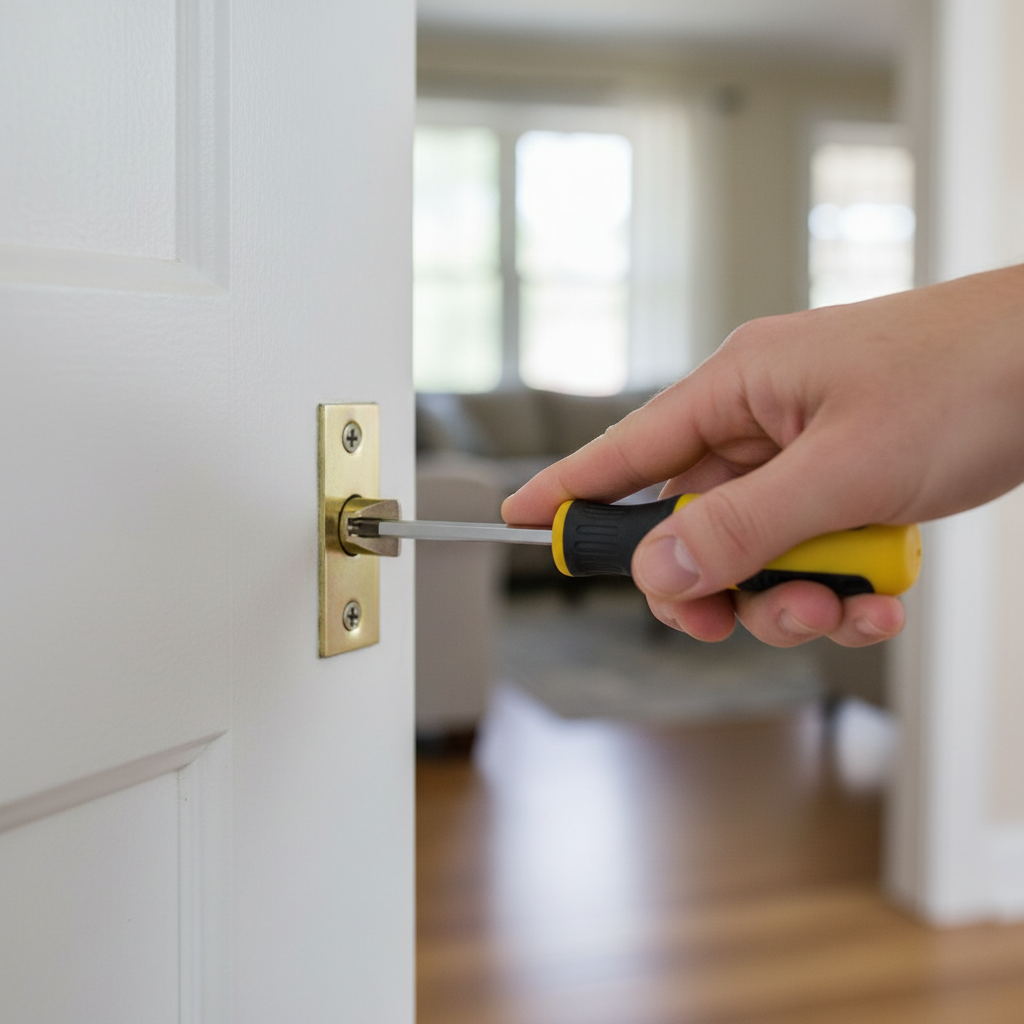 Hand adjusting a metal door strike plate on a wooden door frame with a screwdriver.