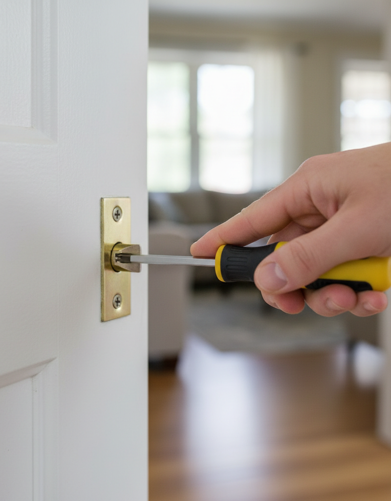 Hand adjusting a metal door strike plate on a wooden door frame with a screwdriver.