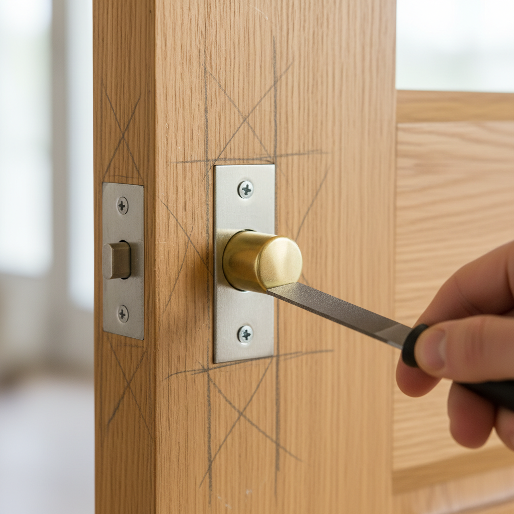 Close-up of a door latch bolt failing to enter a strike plate, with a pencil marking the misalignment