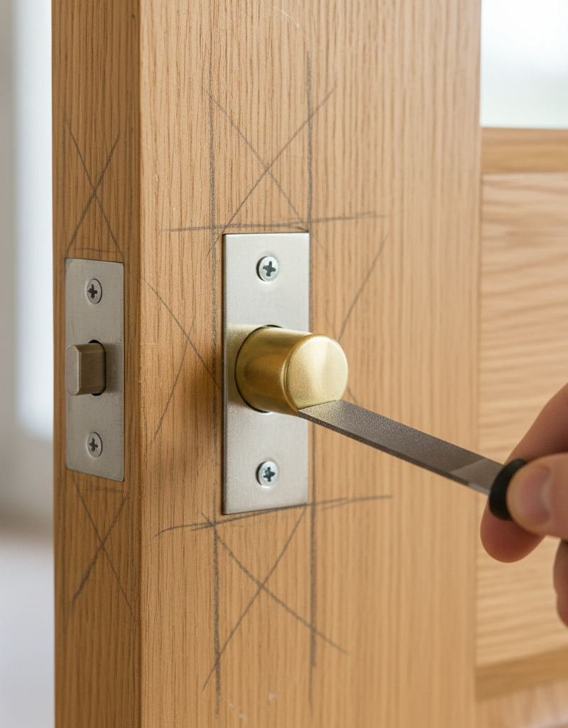 Close-up of a door latch bolt failing to enter a strike plate, with a pencil marking the misalignment