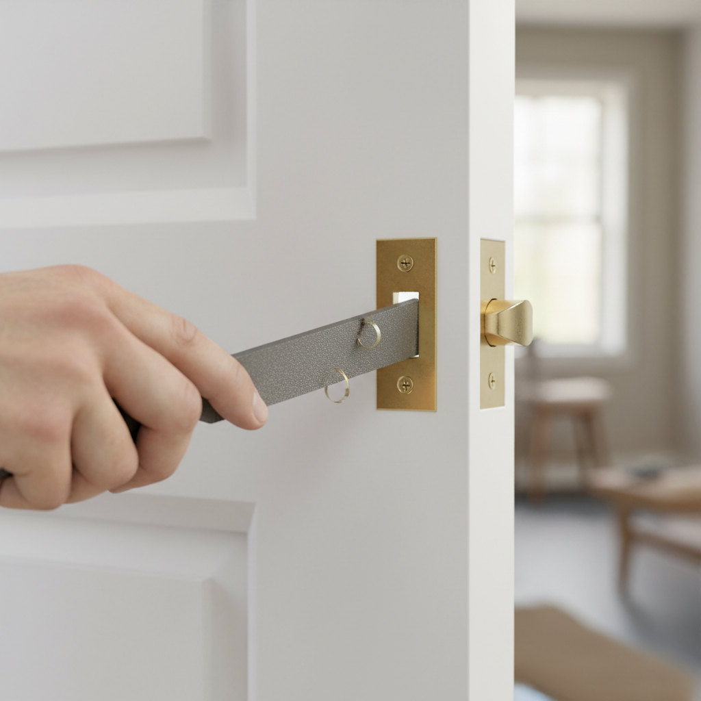 Person filing a door strike plate to fix a stubborn latch