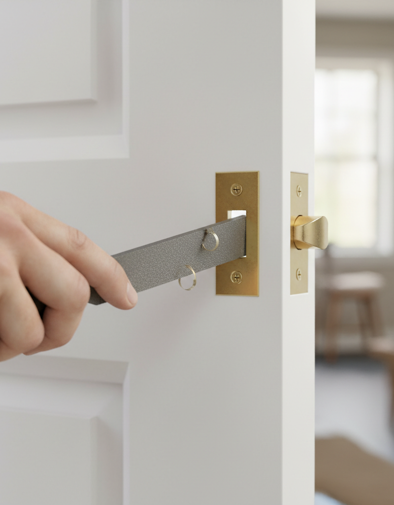 Person filing a door strike plate to fix a stubborn latch
